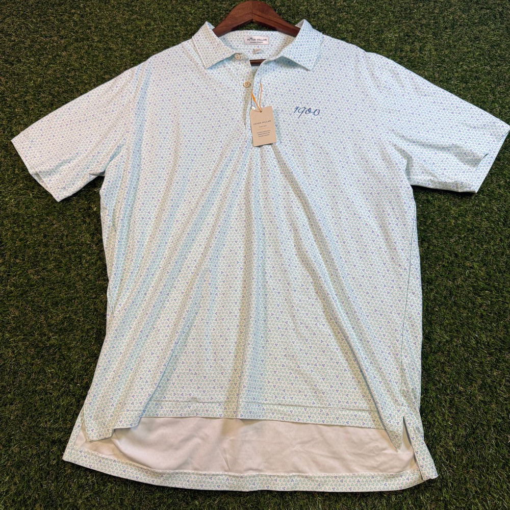 Peter Millar Crown Sport Summer Comfort Polo Shirt XL White Blue Print MF22EK55S